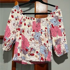 Sanctuary Cream Floral Off-Shoulder Blouse with Pink & Blue Flowers